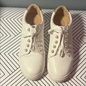 Alex Marie Cream Leather Sneakers with Pearl Details